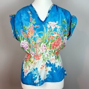 Vintage 1970's Floral Smocked Waist Floral Cap Sleeve Colorful Blouse Womens MED